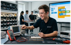Estudiante midiendo señales con osciloscopio ALIANTEC